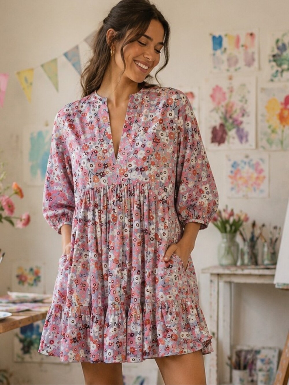 byTiMo Floral Puff Sleeve Babydoll Mini Dress XS | 100% Cotton | Norway Like New